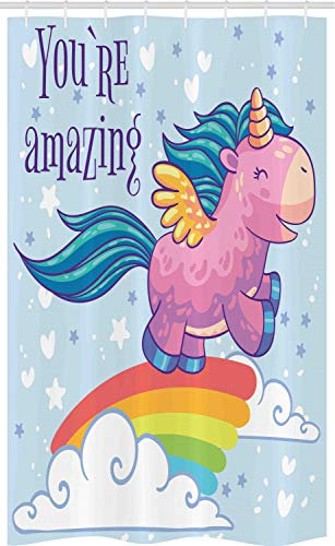 ABAKUHAUS Einhorn Schmaler Duschvorhang, Pony mit Horn im Himmel, Badezimmer Deko Set aus Stoff mit Haken, 120 x 180 cm, Hellblau Mehrfarbig