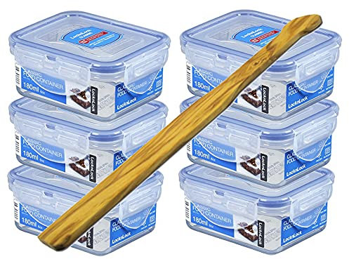 LocknLock Set Frischhaltedose HPL805 transparent, 180 ml, rechteckig, 6 Stück, 108 x 88 x 48 mm & SeleXions Multifunkions Olivenholz Spachtel
