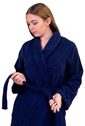 Allure Terry Towelling Bathrobe - 100% Cotton Unisex Shawl Robe for Men, Women (S/M, Navy)