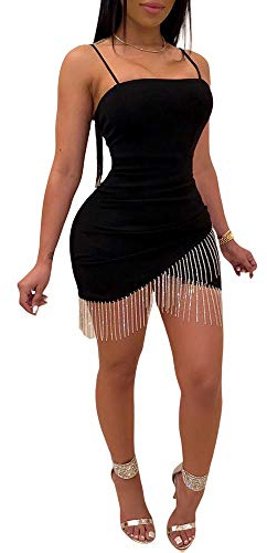 Loalirando Abito da donna, sexy, aderente, a matita, asimmetrico, con finitura a frange, da sera, da discoteca, Nero , S