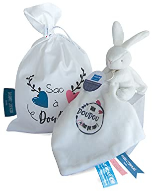 Doudou et Compagnie - Sac à Doudou Lapin UNICEF - 10 Cm Blanc - Idée Cadeau de Naissance Fille et Garçon - Garantie Doudou Perdu - DC3715