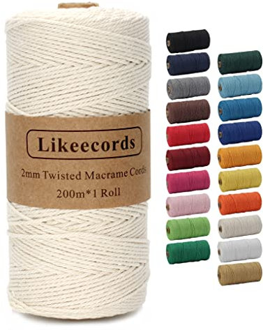 Likeecords Beige Makramee-Schnur 2 mm x 220 Yards, farbiges Makramee-Seil, Baumwollseil, Makramee-Garn, Bunte Baumwoll-Bastelschnur zum Aufhängen, Pflanzenaufhänger, Basteln, Stricken