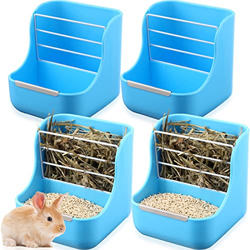 Kacctyen 4 Pcs Hay Feeder Bunny Hay Rack Manger Hay Food Bin Feeder Hanging Feeder Dispenser Double Use for Grass and Food Blue Guinea Pig Food Bowl Chinchilla Hay Holder for Small Pets