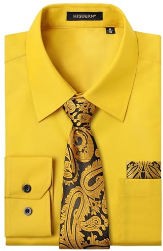 HISDERN Camisa Hombre Amarillo Manga Larga Formal Camisas y Corbata Elegante Camisa de Vestir de Negocios Boda con Bolsillo Regular Fit M