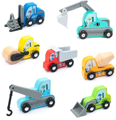 UMU Juego de madera para niños, compatible con Brio World y otras marcas, incluye excavadora, grúa, rodillo y más, a partir de 3 años