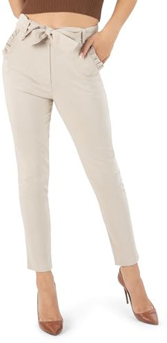 Kendindza Pantalon stretch pour femme Élégant avec nœud Taille haute Pantalon en tissu pour femme Élégant Pantalon d'affaires pour femme Pantalon long à enfiler, beige, L