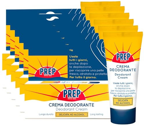 PREP Crema Deodorante per tutti i tipi di Pelle Antitraspirante Senza Alcool Per tutti i Giorni Profumo Delicato Sensazione di Freschezza Lunga Durata - 6 Flaconi da 35ml