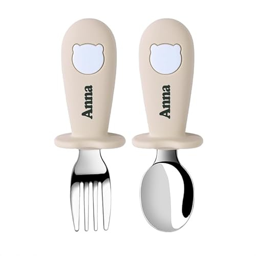 TYRY.HU Lot de Couverts Nom Personnalisé Enfants Fourchettes Cuillères Set 2 Pièces Apprendre à Utiliser les Bebe Poignée Fournitures pour le sevrage BabyLed
