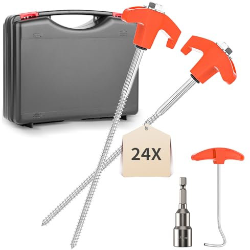 YAOBLUESEA 24Pcs Schraubheringe Zelt-Heringe aus Stahl Camping Zeltheringe Set mit Aufbewahrungsbox 25CM Heringe Erdnägel Stabil Mit Camping Heringe Zieher Sechskantbohrer für harten Boden Wald Gras