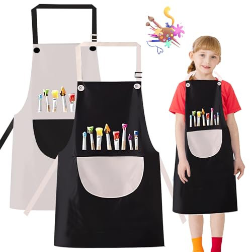 SFSSHUI 2 Stück Malschürze Kinder, Wasserdicht Kinder Malkittel mit Taschen malkittel kinder Malerkittel für Kinder, wasserdicht Malschürze Bastelschürze Kinder für Schule Kunst Malerei, Kochen