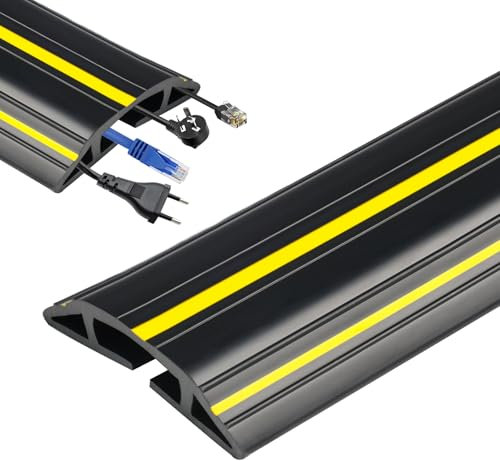 SDLDEER Canalina per cavi da pavimento piatta, 2 m, in PVC, 3 canali da terra, per cavi, protezione cavi da pavimento, per casa, ufficio, officina, magazzino (nero)