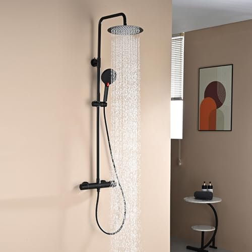 DETBOM Colonna Doccia Termostatica con Miscelatore, Set Doccia in Acciaio Inox 304 - Soffione Pioggia 25cm + Doccetta 3 Jet Autopulente, Kit Completo con Tubo 1.5m e Staffa Regolabile, Rotondo, Nero
