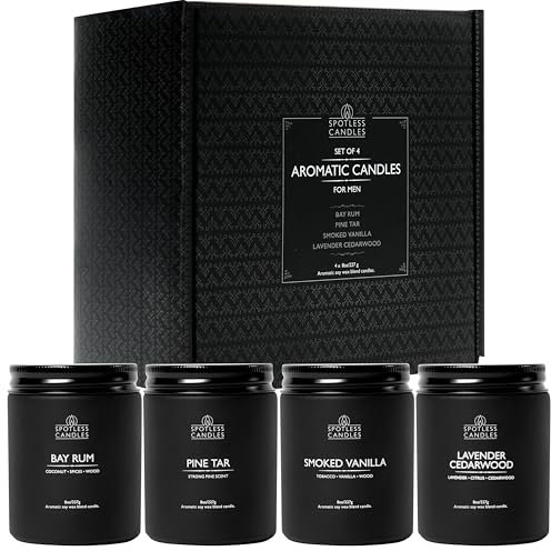 Velas perfumadas para hombre, velas de soja en caja de regalo y envío protector, juego de 4 velas para hombre, madera de cedro y lavanda, ron de laurel, alquitrán de pino, humo y vainilla Spotless