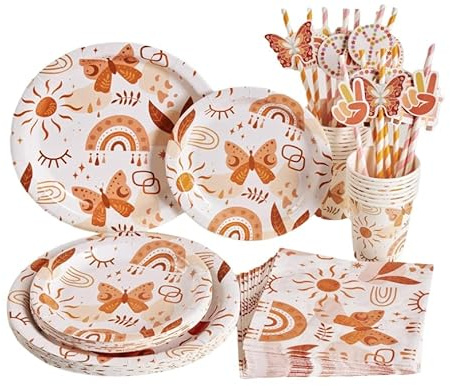 Easy Joy Boho Rainbow Party Tableware Spring Summer Flower Decorations for Girls Floral Butterfly Paper Plates Cups Napkin Party Supplies for Garden Afternoon Tea Birthday Baby Shower Decor
