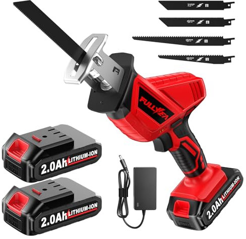 FULLYEA Reciprocating Saw Cordless, 0-3500SPM Power Reciprocating Saw with 2*2000mAh Battery & 4 Saw Blades, Tool-Free Blade Change, Variable Speed Reciprocating Saws for Woods/Metal/Plastic Cutting