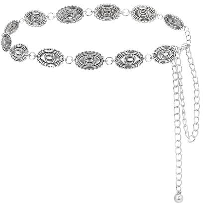 JJDreams 105CM Damen Taillenkette Boho Antiksilber Kettengürtel Einstellbar Bauchkette Y2K Waist Chain Verstellbare Hüftkette Ovaler Gänseblümchen Gürtel