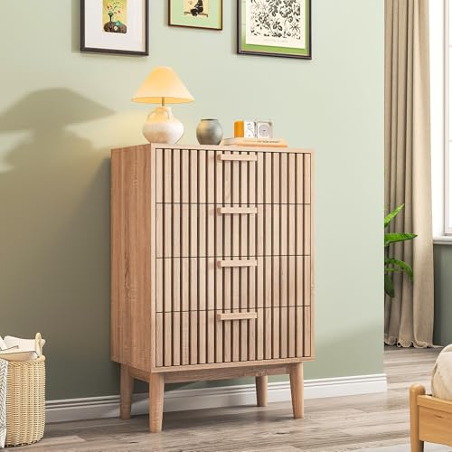 JDEFARF Cómoda acanalada de 4 cajones, cómoda moderna, cómoda de madera, organizador de armario de almacenamiento moderno, para dormitorio, sala de estar