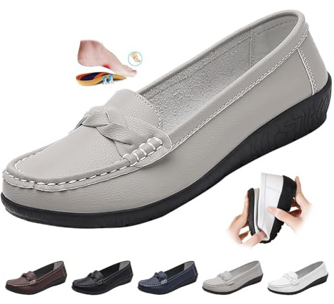 Women's Orthopedic Loafers in Breathable Leather, Leather Loafers Classic Moccasins Driving Shoes Work Office Nursing Shoes (Grey,6)