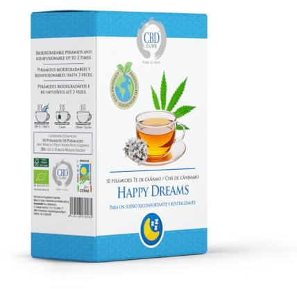 Infusión Ecológica de Cáñamo – Happy Dreams – 10 Pirámides Biodegradables | Hojas de Cáñamo, Valeriana, Lavanda y Manzanilla | Infusión Natural Relajante para Dormir Mejor