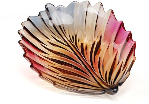Puremagics Creative Colorful Hand Painted Crystal Glass Leaf-Shaped Decorative Bowl -12.2 inch Diameter Fruit Display & Kitchen Table Centerpiece.
