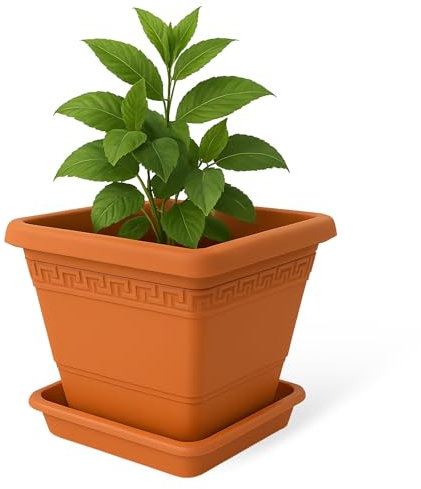 TECHZOCO Macetero con Plato, Maceta Cuadrada clásica de plástico con Plato, Tiesto para Plantas, Fabricado en Polipropileno, 17 cm Altura x 20 cm Ancho, Terracota