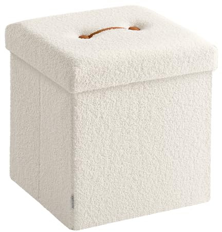 SONGMICS Folding Storage Ottoman, Storage Box, 38 x 38 x 38 cm, Ottoman with Removable Lid, Smile Design, Load up to 300 kg, for Living Room, Bedroom, Cream White LSF095W02
