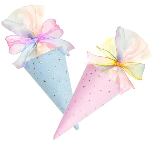 AKONE 2 Stück Geschwister Schultüte für Jungen Mädchen, Einschulung Süßigkeitentüten mit Schleife, Schule Geschenktüten in Eistütenform, Kleine Schultüten zum Befüllen, Kleine Zuckertüte