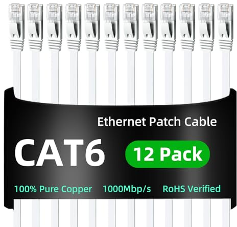 Yauhody Cat 6 Ethernet Cable 1m 12Pack, Network Cable 1m 12Pack, White | High Speed Cat6 Ethernet Patch Leads , 1000Mbps Gigabit LAN Cable with Gold-Plated RJ45 Connector for TV, Gaming, Router