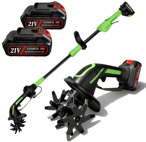 Motobineuse Electrique, 21V Motoculteur avec 2 Batteries 3000mAh et Manche de 1,3m Bineuse Électrique avec 4 Lames Métalliques Largeur de Travail de 10cm Profondeur de Travail de 10cm 235 TR/Min