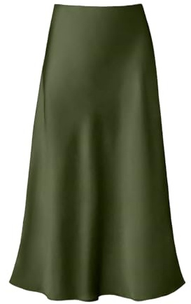 Women's High-Waist Satin Long Skirts with Hidden Elastic Waist, A-Line Skirts