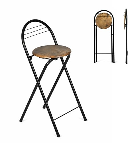 Tabouret Haut de Bar Pliant Lot de 2, Marron&Noir/Hauteur D'Assise 61CM | Tabouret et Chaise de Bar Haute Pliante Pliable avec Dossier pour Exterieur Interieur Camping Jardin Balcon Salon