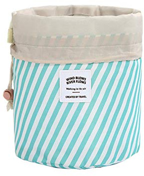 Makeup Bags for Women, Waterproof Round Travel Drawstring Make Up Organizer Cosmetic Bag (A Blue Stripe)