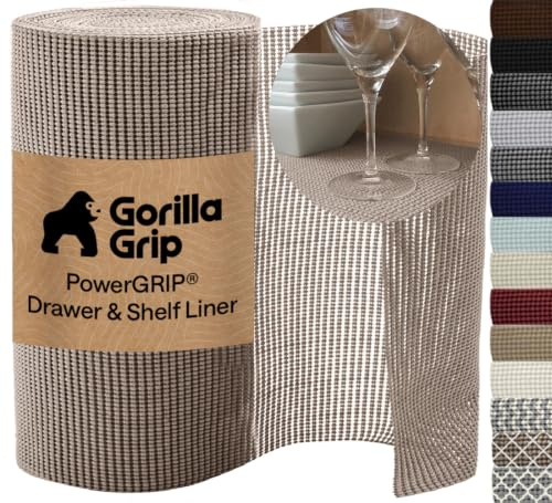 GORILLA GRIP powerGRIP Drawer Shelf and Cabinet Liner, Thick Strong Hold, Non-Adhesive Liners Protect Kitchen Cabinets and Cupboard, Bathroom Drawers, Easy Install, Breathable Mat, 12 x10', Beige