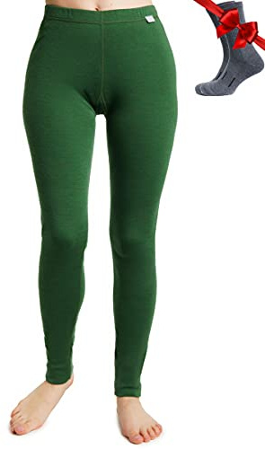 100% Merino Wool Base Layer Womens Leggings, Thermal Underwear + Wool Socks (X-Small, Olive 250)