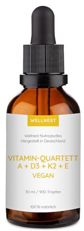 Wellnest Vitamin A + D3 + K2 + E Tropfen 1er Pack (30 ml) – vegan, hochdosiert, ohne Zusatzstoffe, mit Glaspipette