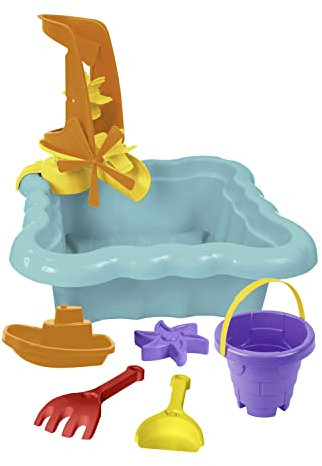 Wader 72012 - Happy Summer pastellfarbener Sandkasten mit Mühle, Eimer, Schaufel, Rechen, Boot und Sandform, ca. 35,5 x 35,5 x 14 cm groß, ab 12 Monaten, ideal als Geschenk für kreatives Spielen