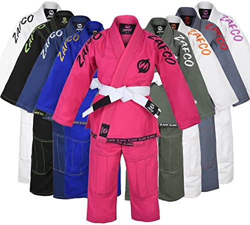Zafco Sports Brazilian Jiu Jitsu, Kids Jiu Jitsu Gi Children BJJ Gi Grappling Kimonos Lightweight White Belt (Pink, K000)