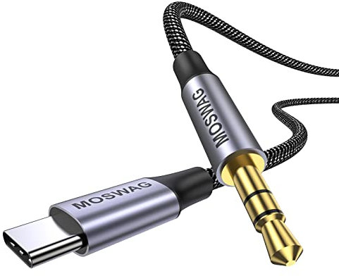 MOSWAG USB C to 3.5mm Audio Aux Jack cable 3.28FT/1M, USB Type C to 3.5mm Headphone Stereo Cord Car Compatible with iPhone 16 15 Pro Max Plus, Galaxy S24 S23 Ultra iPad Pixel 9, Grey