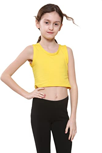 Niños Niñas Chaleco Liso Crop Tops Camiseta tee Top Dance Wear Gimnasia Fancy Dress Amarillo 7-8 Años