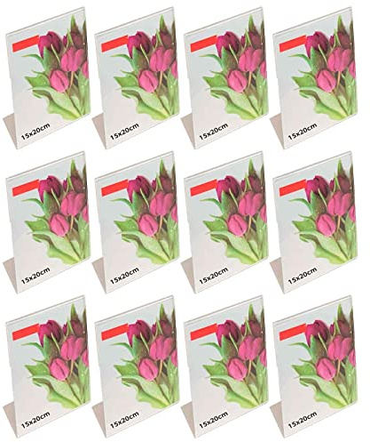 AC – Pack de 12 Portafotos - Soportes para Fotos de plástico Transparente – Sobremesa - Marcos para fotografías, oficinas, hogar – Vertical - 20 x 15 cm