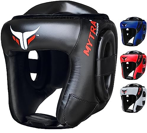 Mytra Fusion Boxen Kopfschutz mit verstellbarem Riemen MMA, Muay Thai, Kampfsport, Karate Boxen Kopfschutz (Schwarz, X-Small)