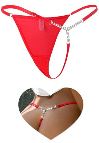 comeondear Tangas Sexy Mujer Tanga de Hilo con Strass Mini String Tangas Mujeres Cintura Baja Ajustable Talla Grande Thong Slip Diamante Bikini Bragas Malla Ropa Interior Mujer 1-Rojo,XS-S