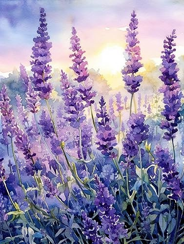 ECUCU Kit de Punto de Cruz Bordado,Hermosas flores de lavanda púrpura, G Kit Punto de Cruz con Hilos Y Tela Esquemas Tela Impresa juego Completo de Iniciación para Principiantes Preimpreso