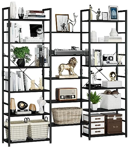 NUMENN Triple Wide 6 Tier Bookshelf, Rustic Industrial Style Bookcases and Bookshelves with 17 Open Display Shelves, Modern Tall Bookcase Furniture for Bedroom, Living Room and Home Office, Black