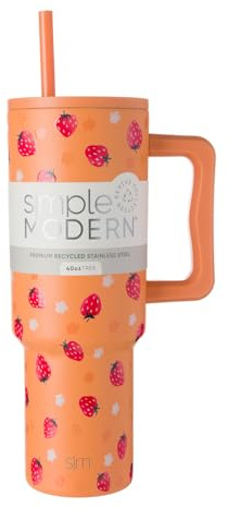 Simple Modern 40 oz Trek Tumbler with Handle and Straw Lid | Cup Holder Friendly Insulated Stainless Steel Travel Mug | Strawberry Fields