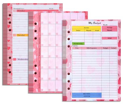 Toplive 3 Pack A5 Planner Refill 82 Sheet Colored Monthly Weekly Planner Refill Paper 6 Hole Budget Sheets Expense Tracker Inserts for A5 Binder Cover Bill Saving Organizer, Pink