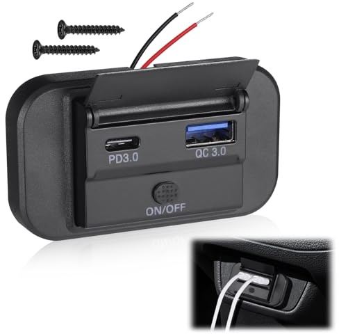 JIZZU Dual USB-Uttag för 4.8A Billaddare USB C PD, QC3.0 Laddningsuttag, 12 V/24 V Typ C för Båtar, Husbilar, Marin, Lastbil (1 St) | På/av-brytare, flera skyddssystem, inbyggd laddare för bil, husbil, lastbil, båt, marin, båt