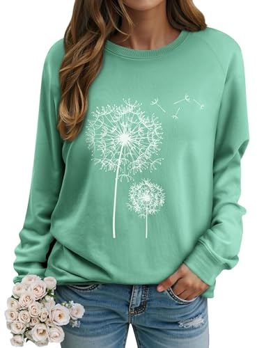 Dresswel Women Dandelion Print Sweatshirts Crew Neck Jumpers Pullover Tops | Ladies Long Sleeve Top Basic Casual Floral Graphic Blouse Shirts