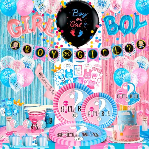 Gender Reveal Party Kit,118pcs Gender Reveal Party Decorazione & Stoviglie Gender Reveal Set- Gender Reveal Piatti e Bicchieri & Banner Boy o Girl Palloncini etc Forniture per Feste Baby Gender Reveal