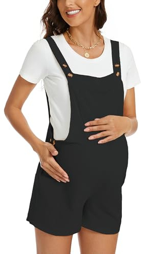 Salopette Grossesse Pantalon Court Maternité Combinaison Femme Enceinte Combishorts Boutonné Couleur Unie Chic Décontractée Eté Noir L